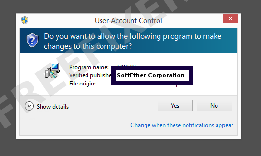 Screenshot where SoftEther Corporation appears as the verified publisher in the UAC dialog